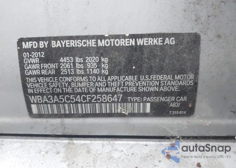 2012 BMW 328I from USA, damaged, VIN WBA3A5C54CF258647
